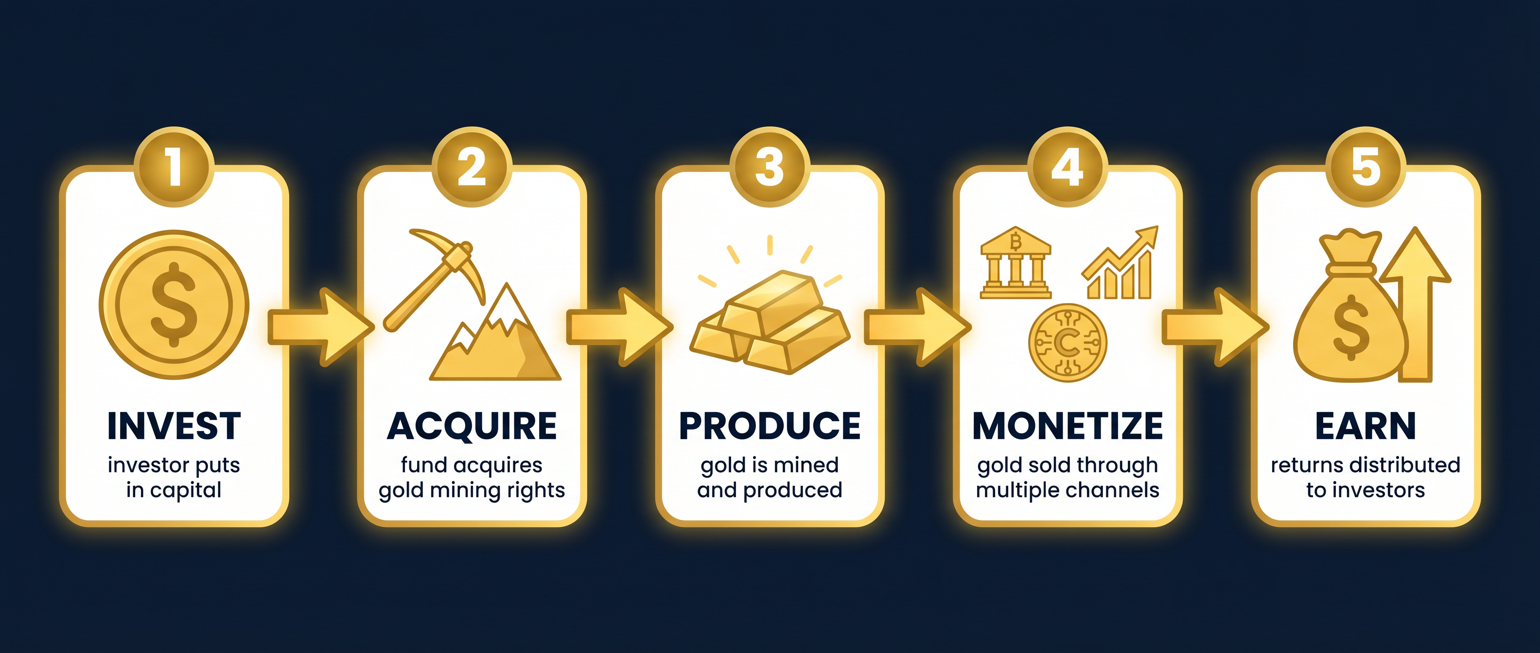 How It Works: 5 Steps - Invest, Acquire, Produce, Monetize, Earn